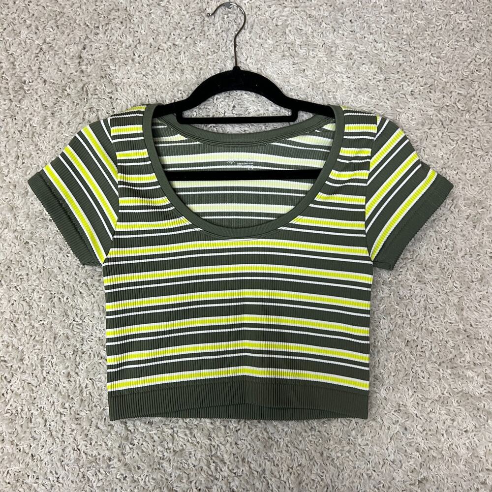 Offline Aerie‎ Cropped Top Tee Shirt Womens Medium Green Striped Slim Stretch